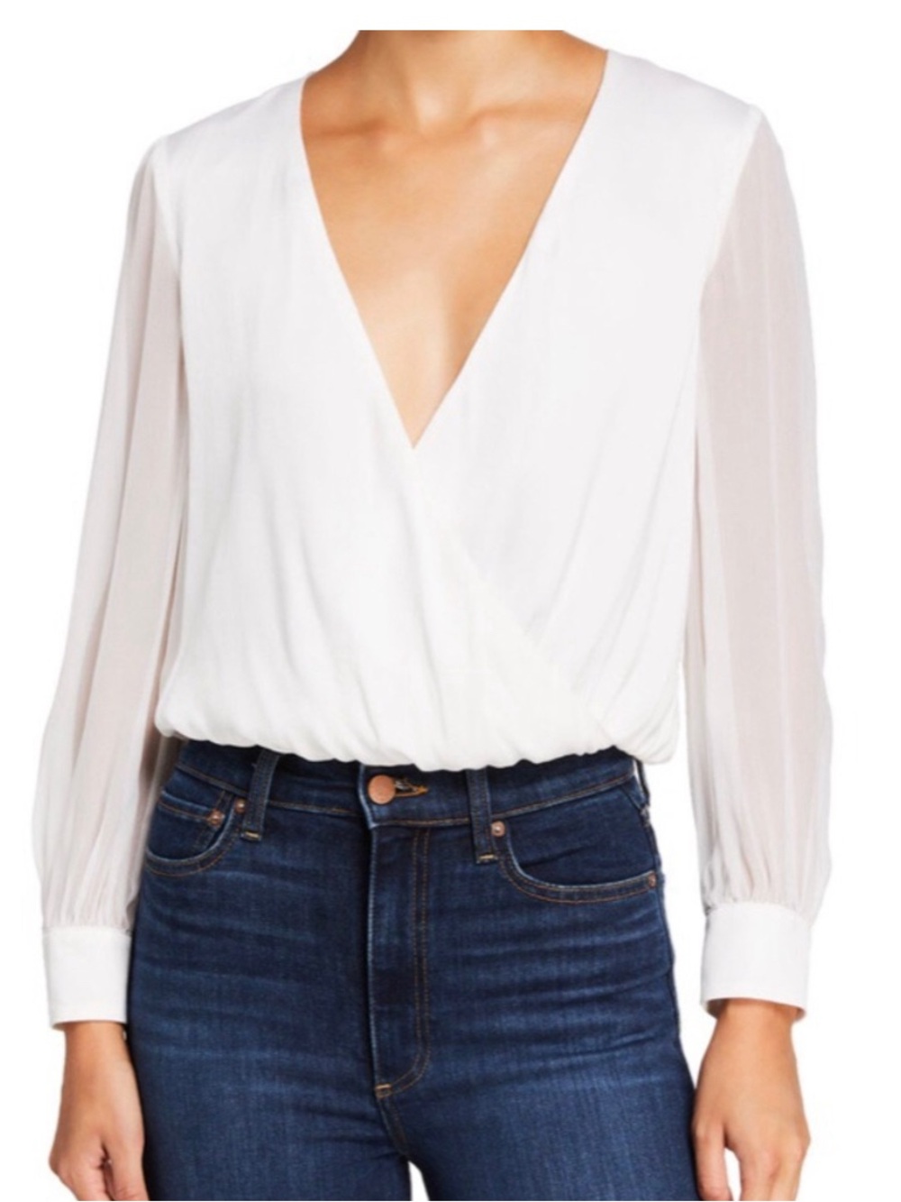 Alice + Olivia White Surplice V-Neck Blouse with Sheer Sleeves
